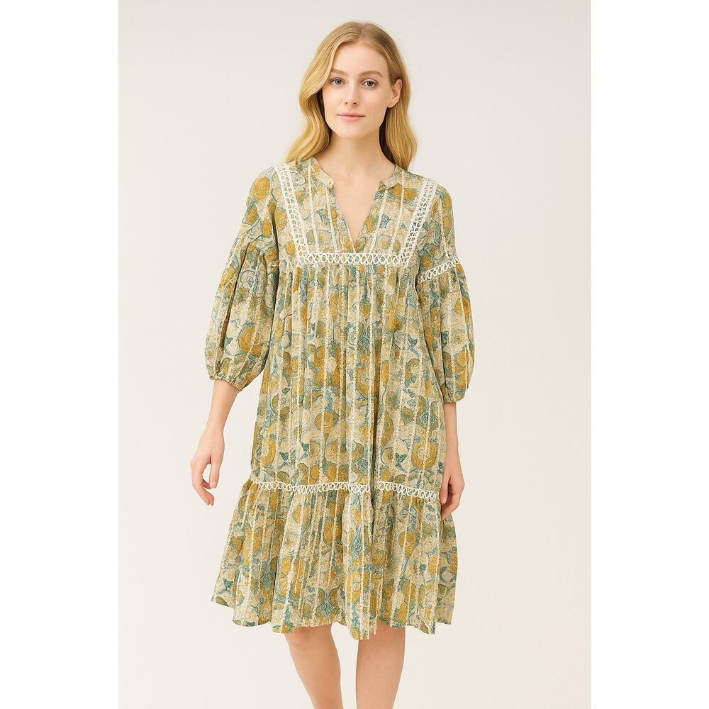 Anthropologie Barok Babydoll Dress Medium‎ Balloon Sleeves Floral Peasant Boho